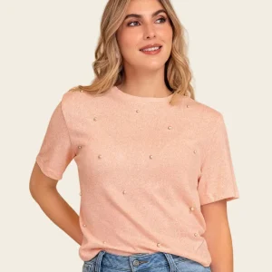 Camiseta manga corta con apliques de perlas