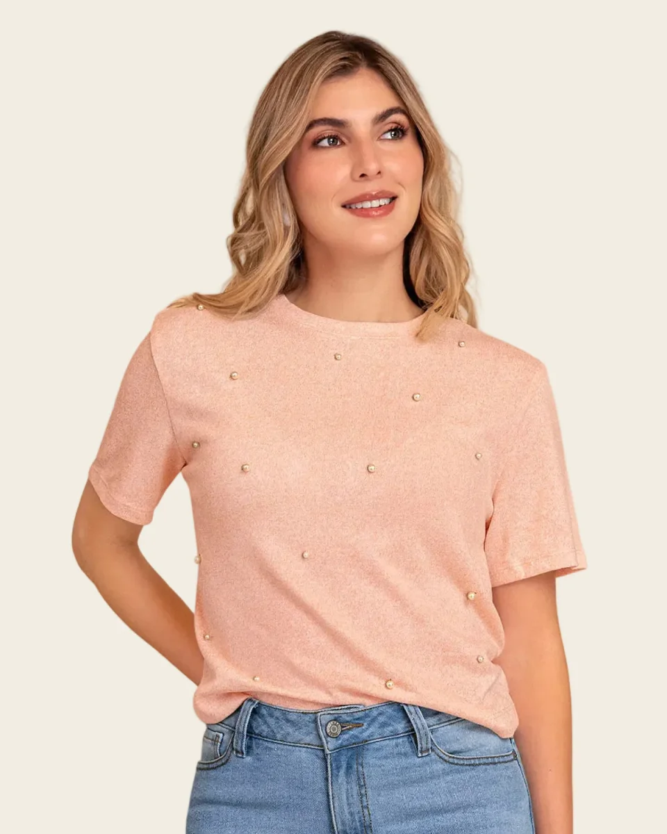 Camiseta manga corta con apliques de perlas