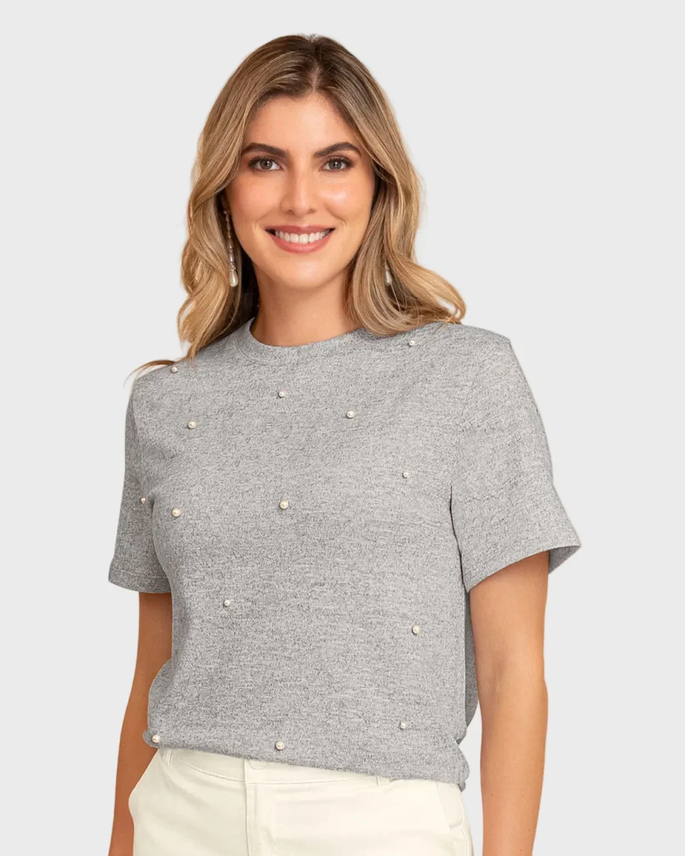 Camiseta manga corta con apliques de perlas - Imagen 6