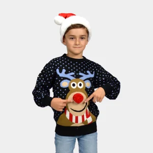 Jersey de Navidad para Niña y Niño Azul Reno Rodolfo con Nariz Roja en 3D
